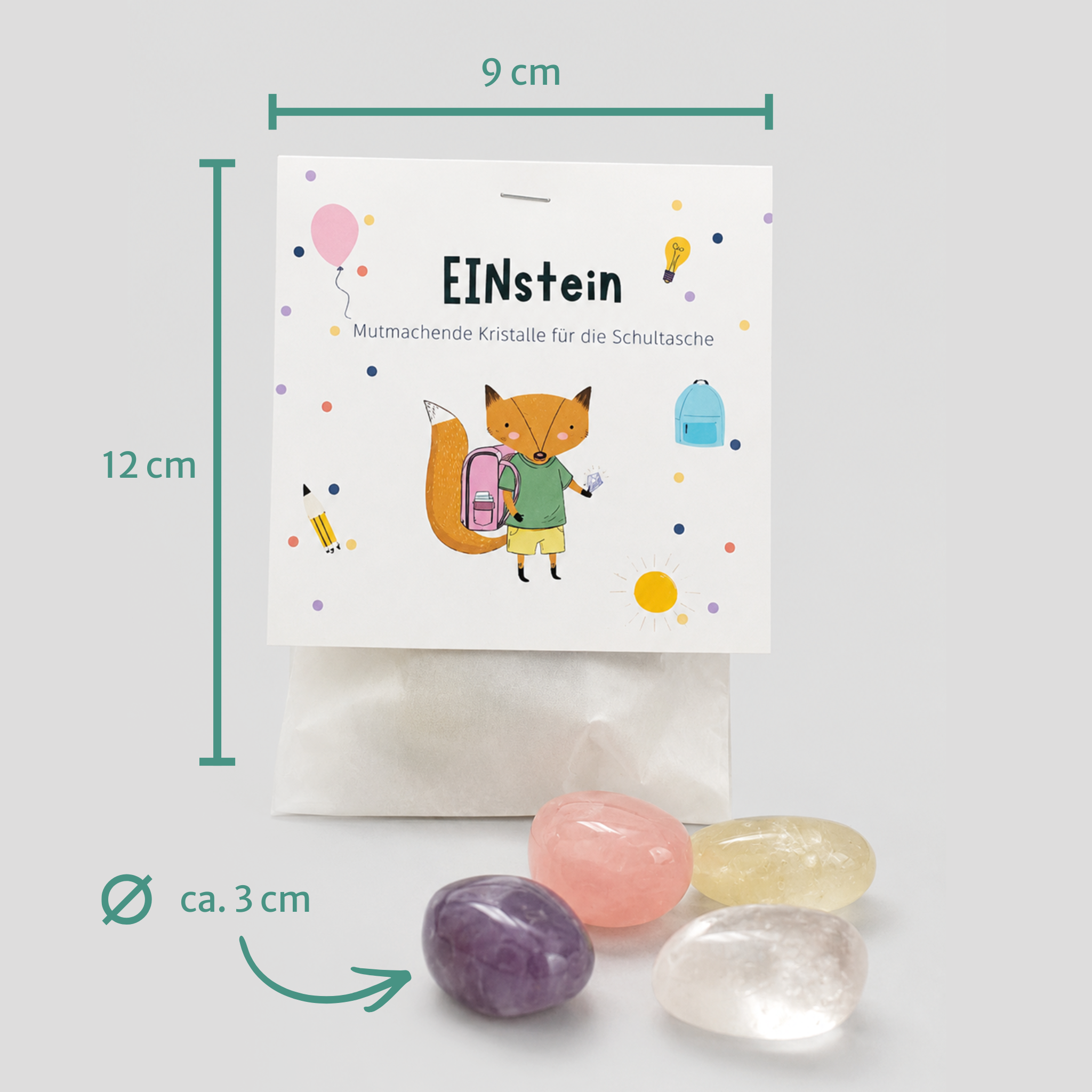 EINstein Set Verpackung mit Maßangaben: 9 x 12 cm, Kristalle ca. 3 cm Durchmesser
