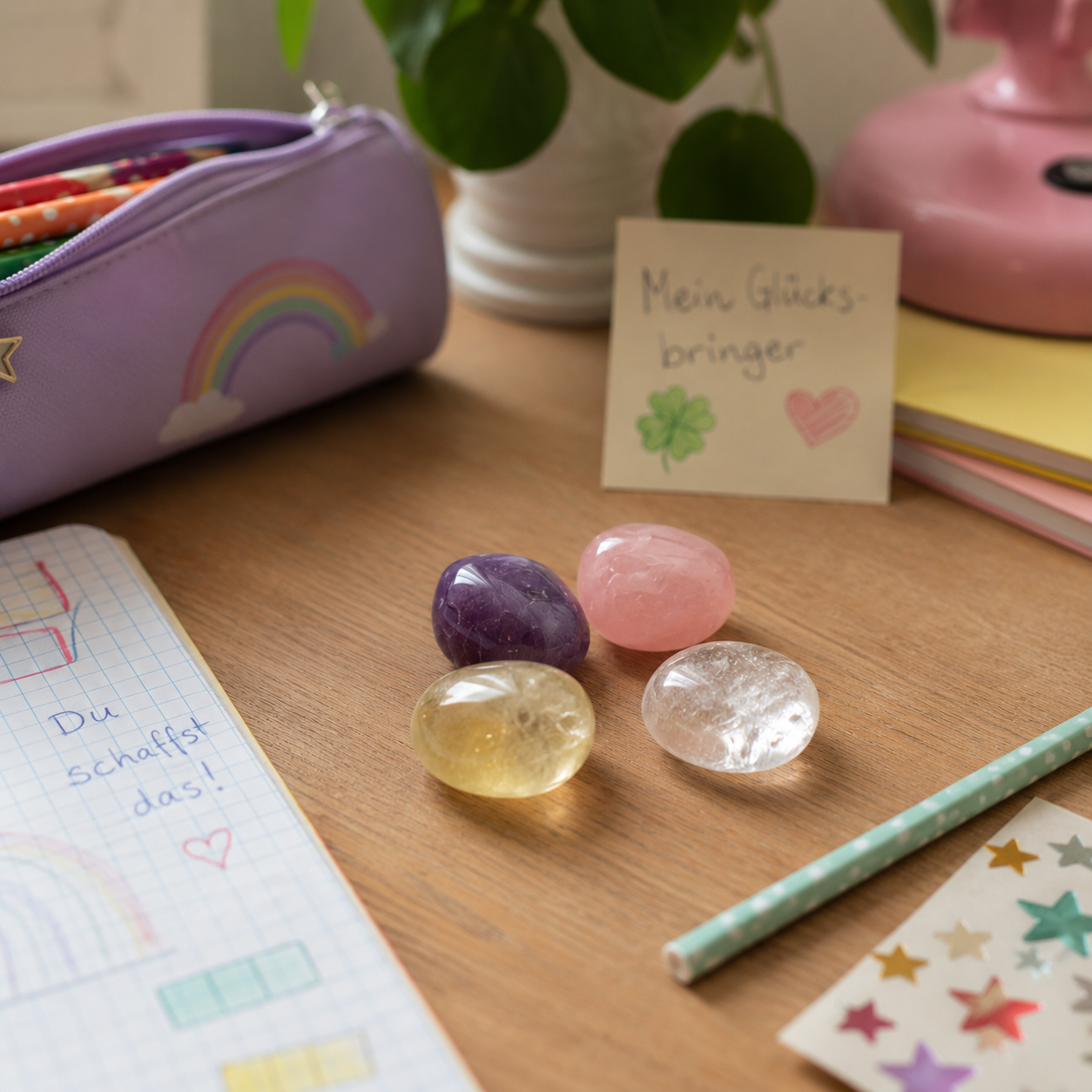 Vier Kristalle auf einem Kinderschreibtisch neben Mäppchen und Notizzettel mit Text Mein Glücksbringer