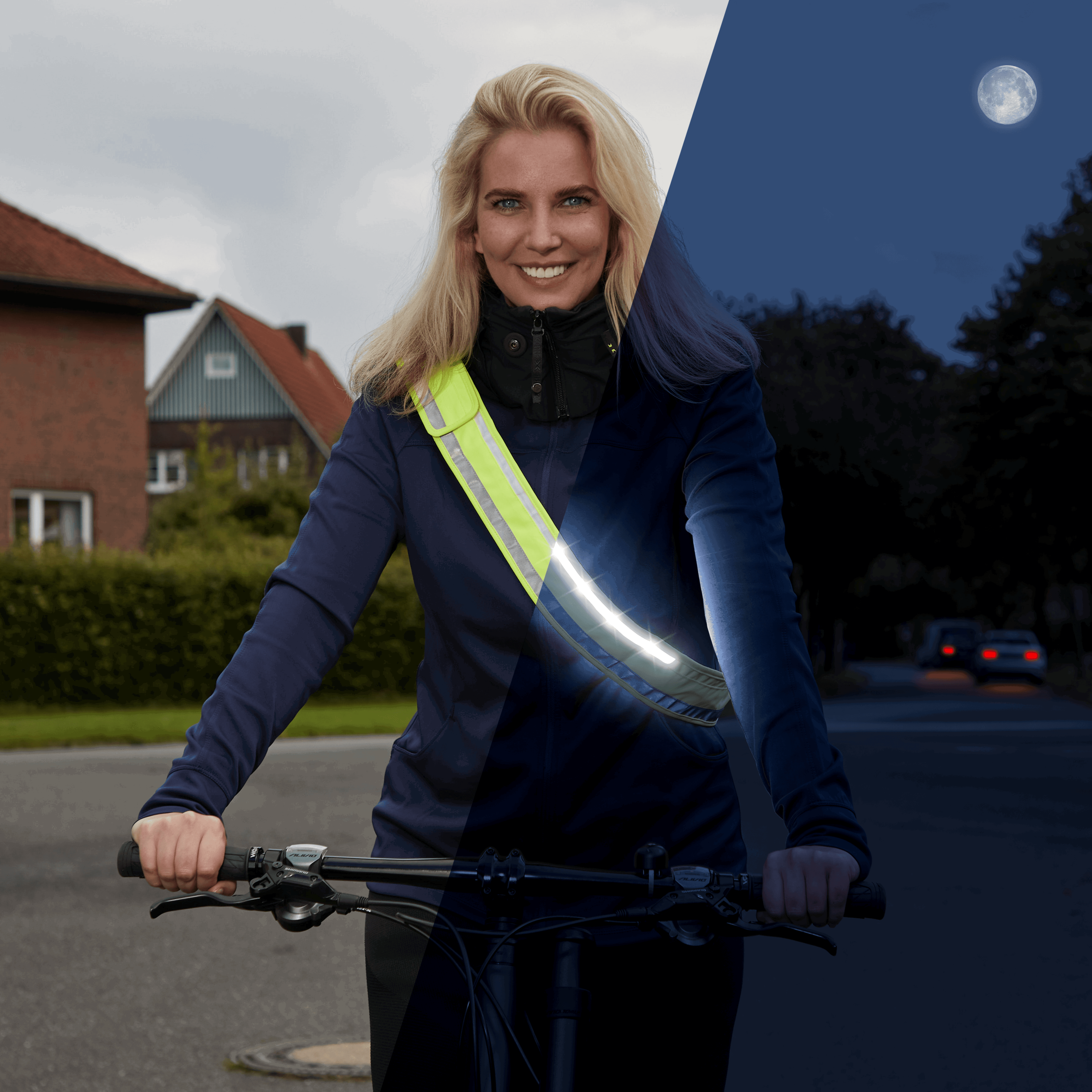 gelber LED Gurt für Erwachsene an Frau auf Fahrrad – Tag- und Nachtansicht im Vergleich