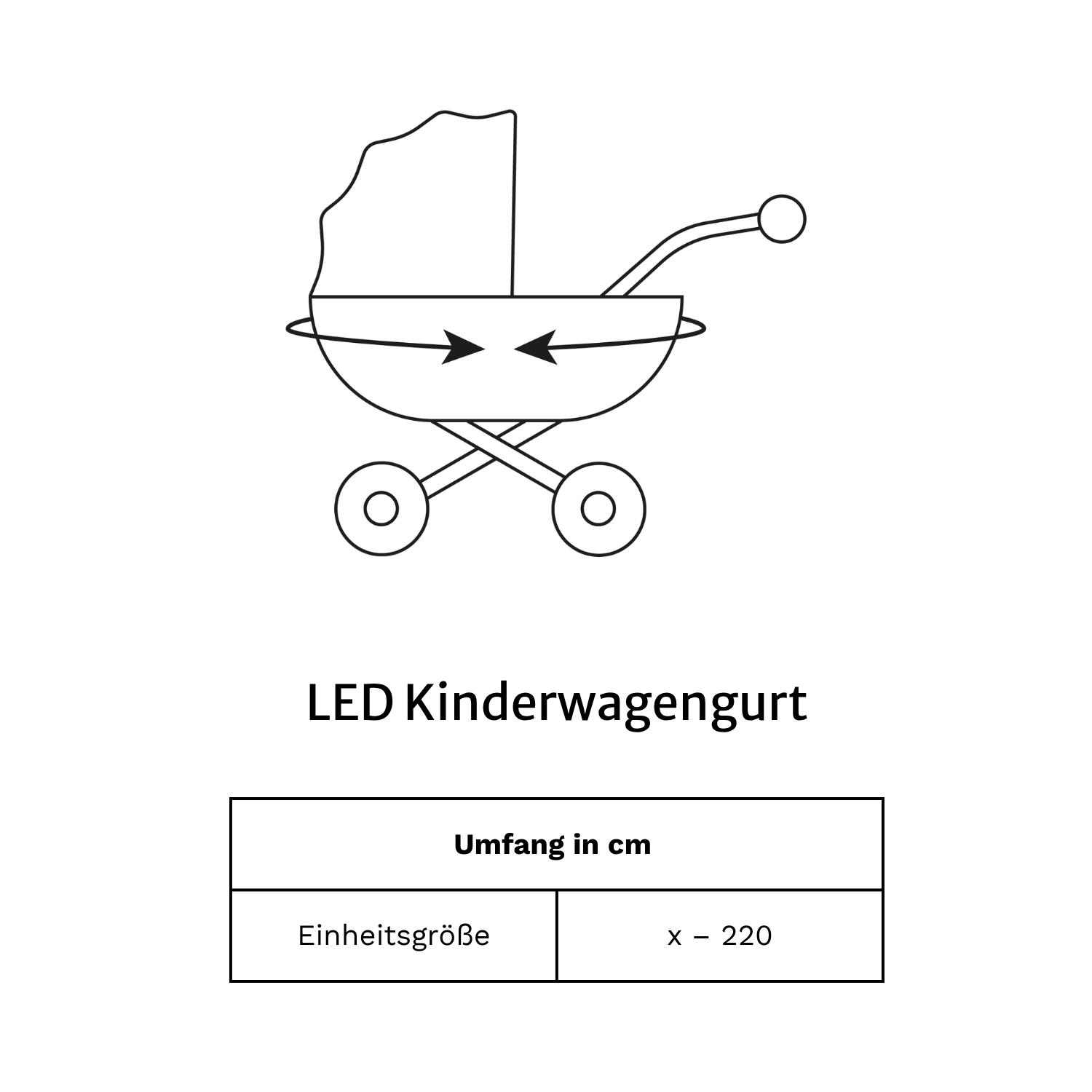 Größentabelle für den LED Kinderwagengurt mit Umfang in cm, Einheitsgröße