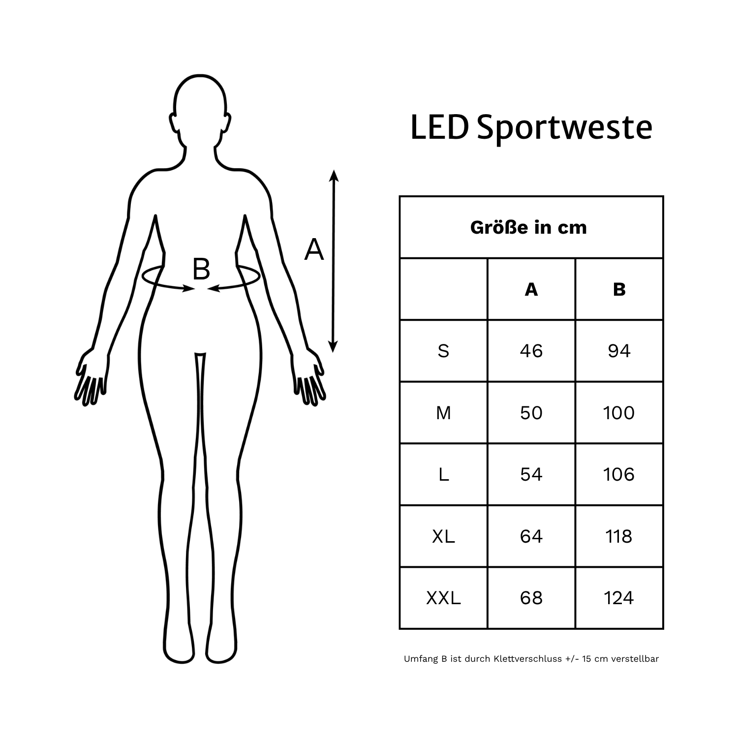 Größentabelle für die LED Sport mit den Größen S, M, L, XL und XXL in cm 