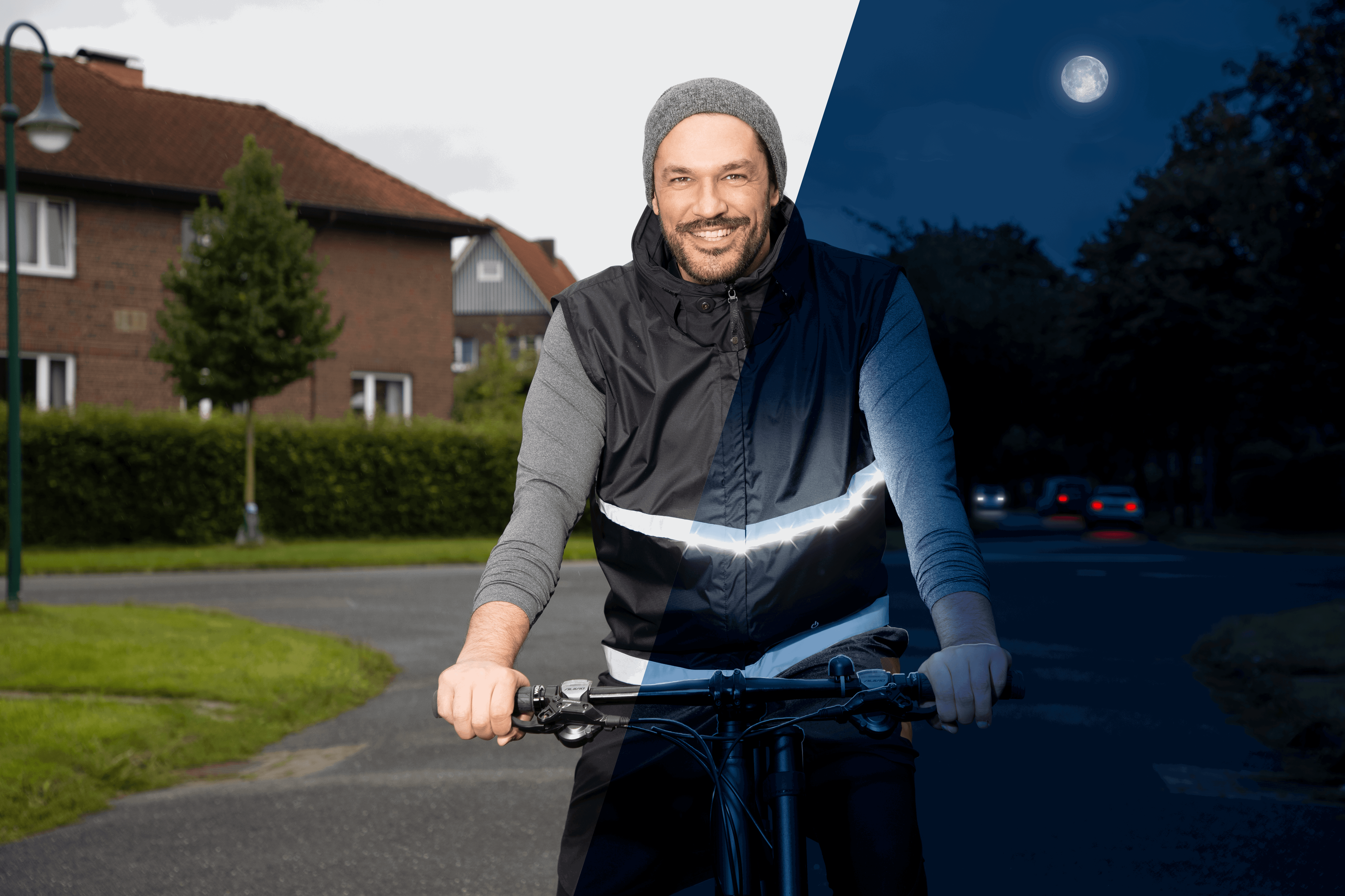 LED Warnweste für Erwachsene – Mann auf Fahrrad, Tag- und Nachtansicht im Vergleich