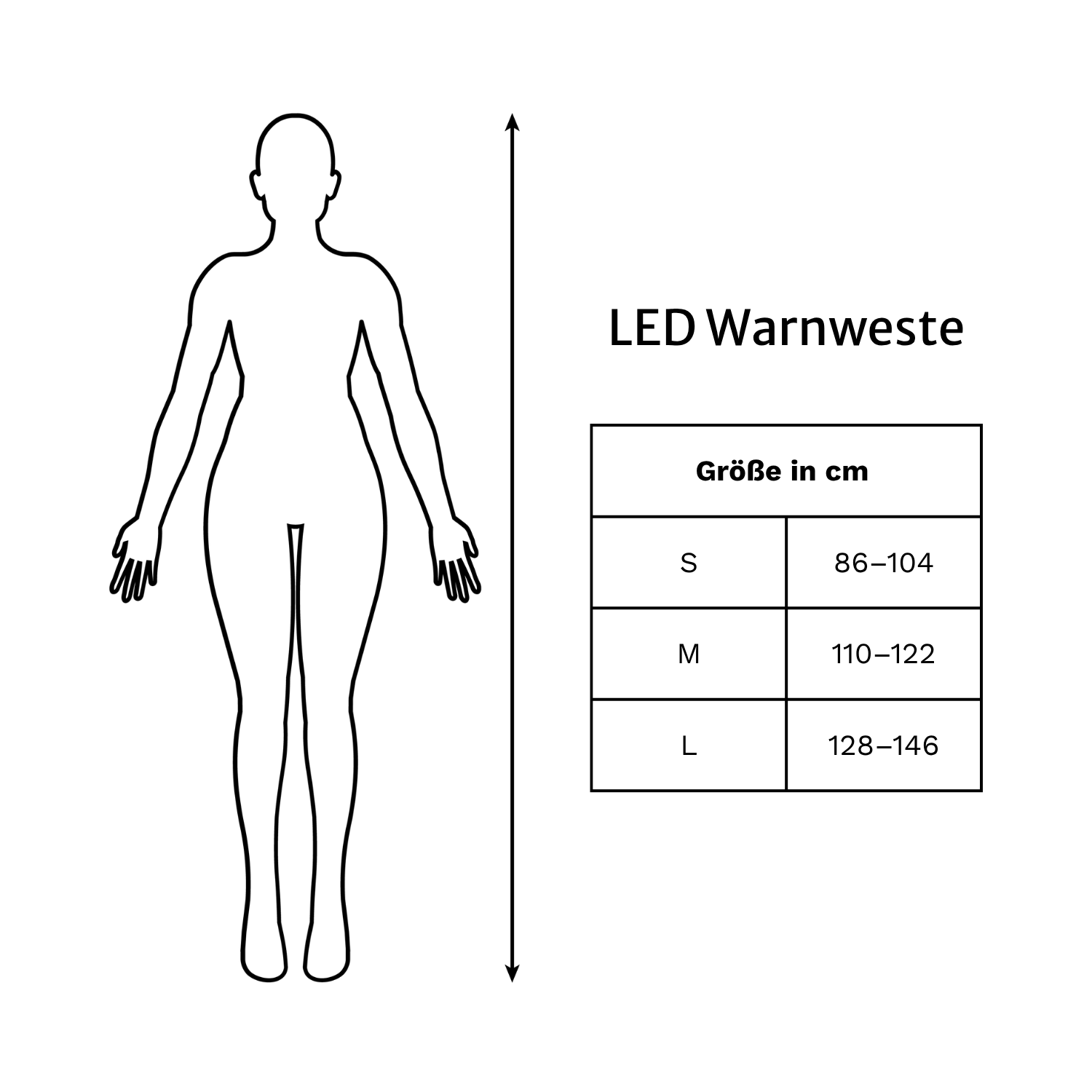 Größentabelle für die LED Warnweste mit den Größen S, M und L in cm Körpergröße