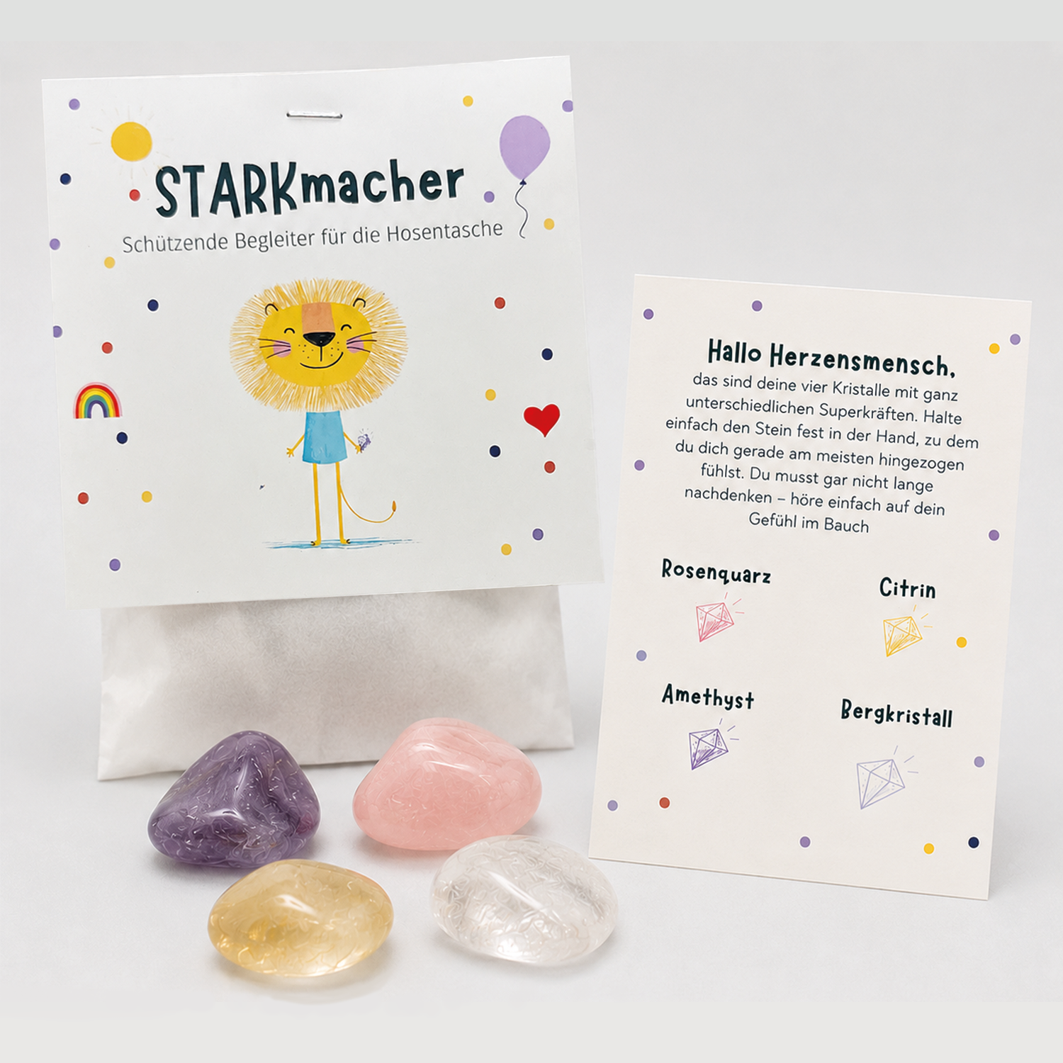 STARKmacher Set mit Verpackung, vier Kristallen und Kärtchen mit Text Hallo Herzensmensch zu den vier Stein-Superkräften