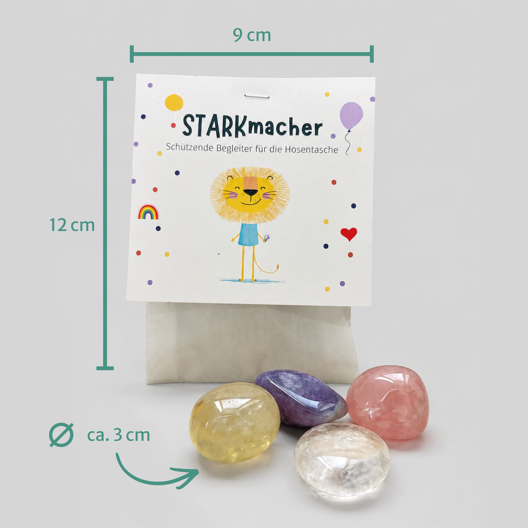 STARKmacher Set Verpackung mit Maßangaben: 9 x 12 cm, Kristalle ca. 3 cm Durchmesser