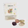 EINstein Set Verpackung mit Fuchs-Illustration und vier farbigen mutmachenden Kristallen für die Schultasche